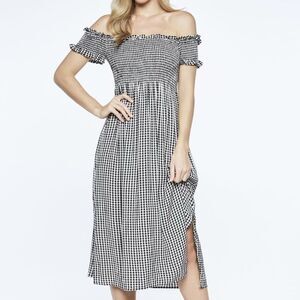 Bardot Size 8 Womens Gingham Off the Shoulder Smocked Midi Dress‎ Black White